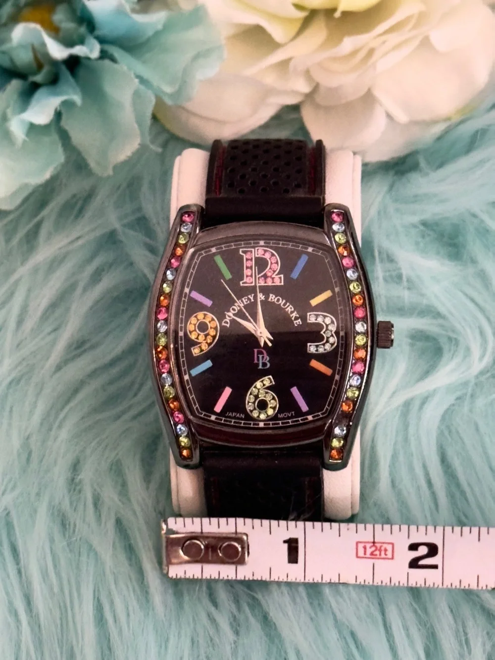 Dooney & Bourke Black Strap Watch with Multicolor Crystal Accents